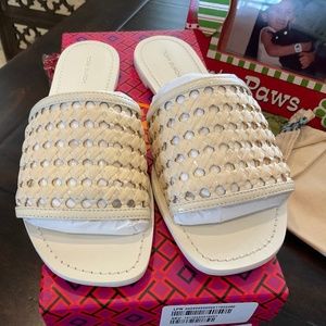 Tory Burch Woven Raffia Slides in new ivory/natural,BNIB.MSRP$298